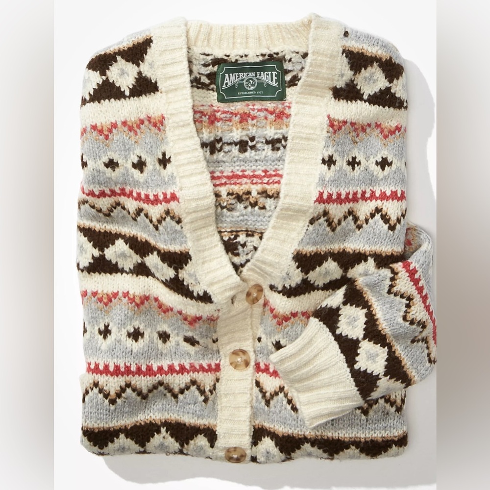 AMERICAN EAGLE S M Soft & Cozy Fairisle Button Up Cardigan Sweater in Cream